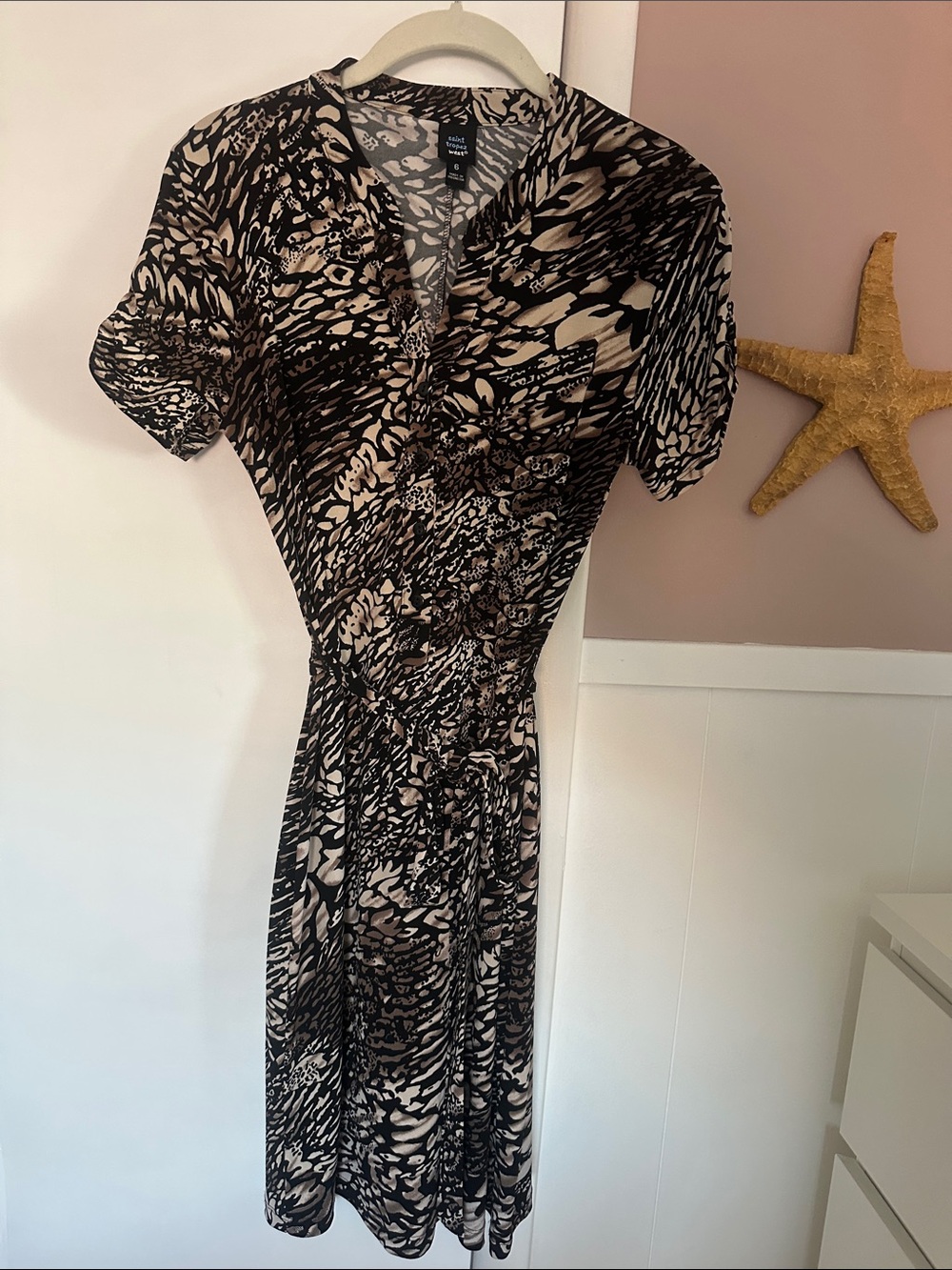 Saint Tropez animal print belted mini dress, black print knit short dress